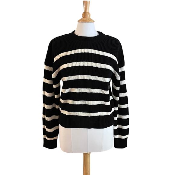 NWT H&M Cotton Blend Black & White Striped Crew Neck Textured Knit Sweater, S - Picture 1 of 12